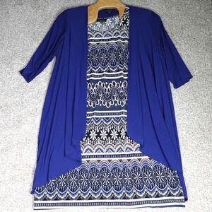 R&M Richards Womens 22W Blue Geometric Print Sleeveless Dress With Cardigan